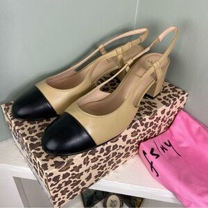 New in Box French Sole 9.5 Baton fs/ny Black Toe Camel Slingback Heels Leather